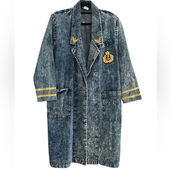 VINTAGE 80s DG Collection Ginger Bort Blue Acid Wash Denim Trench Coat Sz 12 - Picture 1 of 9
